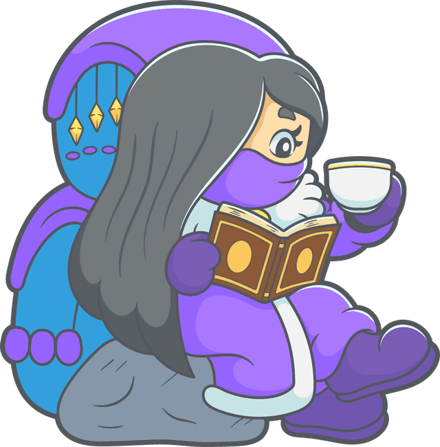 Sleep mascot reading a book while sipping on tea